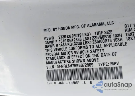 2019 Honda Odyssey Ex-L from USA, damaged, VIN 5FNRL6H76KB072909